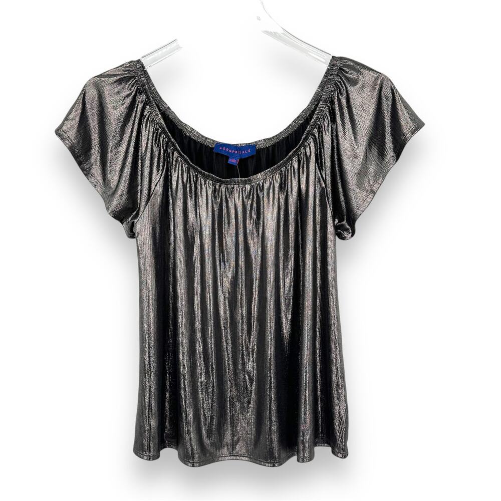 Aeropostale blouse silver metallic shimmer stretch short sleeve holiday M NEW